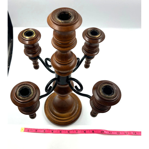 Vintage Candelabra Wooden Curved Metal 4 Arms Stick Candle Holder Decor - Picture 4 of 11